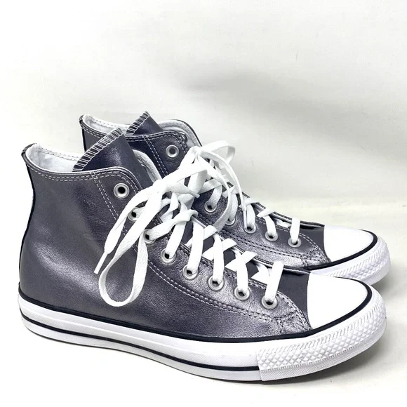 Converse Chuck Taylor High Black Metallic Leather Sneakers Women's Size A06166C - Picture 2 of 8